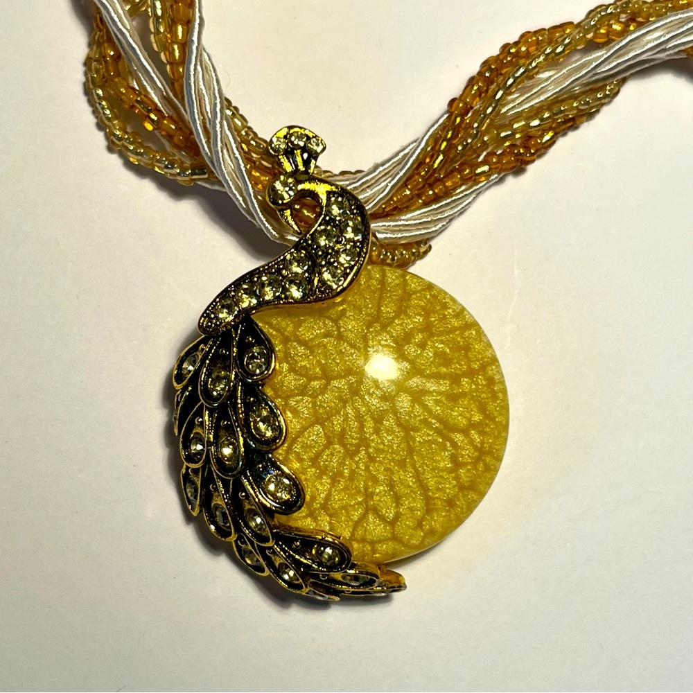 Bohemian Style Yellow Cabachon Peacock Statement Necklace